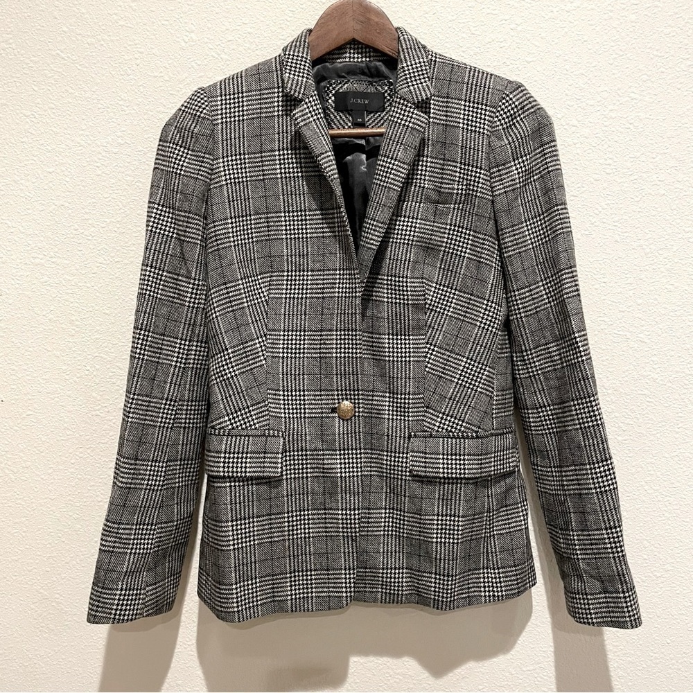 J. Crew Preppy Academy Button Up Collared Plaid White Grey Business Wool Blazer